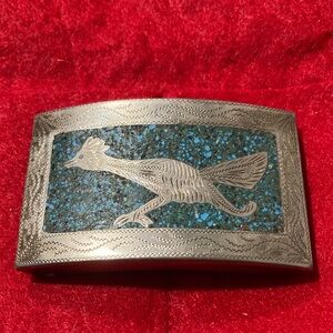 Southwestern Turquoise Inlay Belt Buckle with Roadrunner Motif